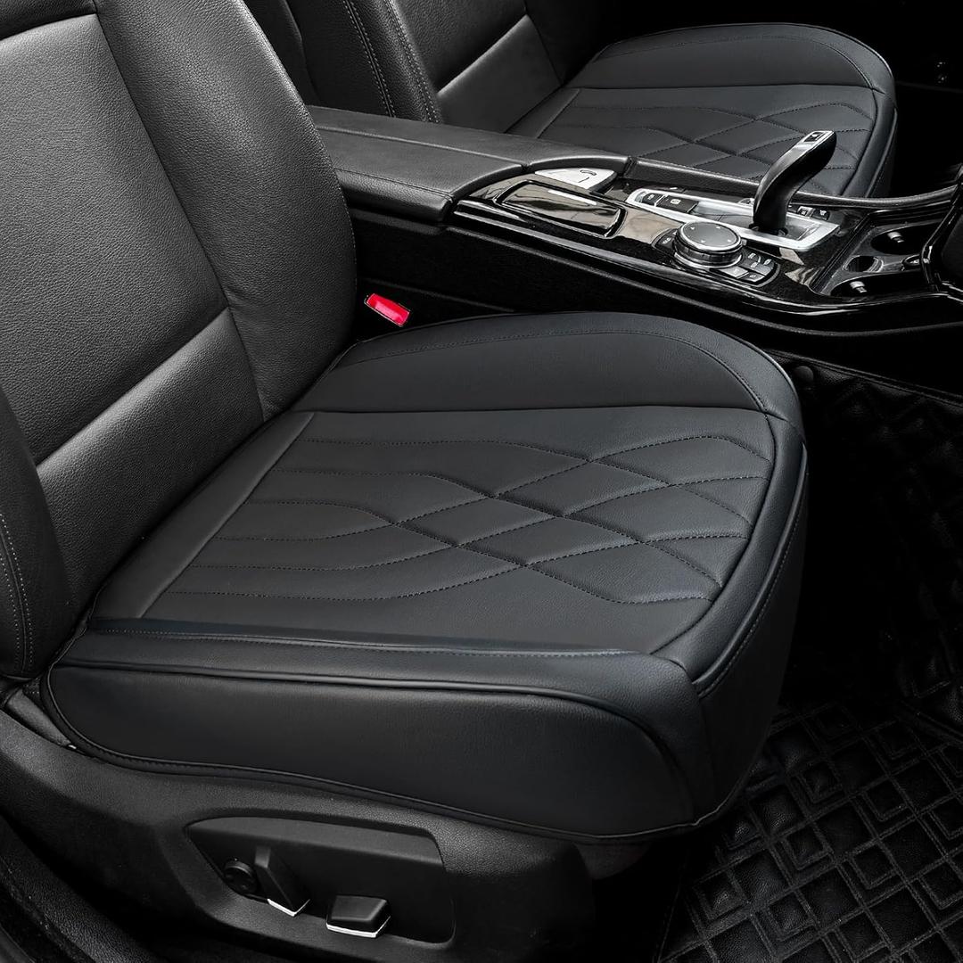 Sanwom 2 Pack Leather Front Car Seat Cover, Anti-Slip and Full Wrap Driver Car Seat Protectors with Storage Pocket, Luxury Waterproof Bottom Auto Seat Cushion Pad Mat for Most Vehicles (Black)
