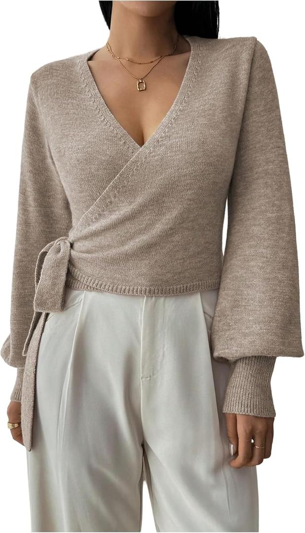 SHENHE Women's Casual V Neck Wrap Sweater Pullover Long Sleeve Slim Fit Knit Crop Top Sweater XS