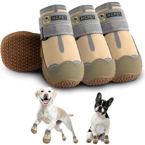 Hcpet Dog Shoes for Large Dogs, Waterproof Dog Booties for Small Medium Dogs, Anti-Slip Dog Boots & Paw Protectors for Hot Pavement Winter Snow Hiking with Reflective Straps Khaki Size 7 (#7 (Width 2.55 inch) for 63-78 lbs)
