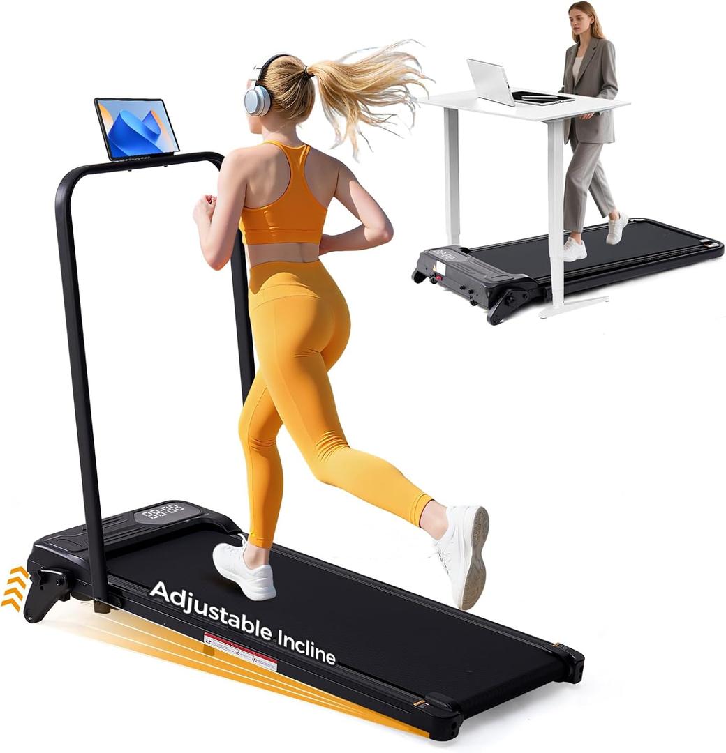 Folding Foldable Walking Pad Treadmill with Handle Bar and Adjustable Incline, 3.5HP Portable Electric Treadmills with Handles for Home Small, Home Treadmills with Incline, 0.6-7.6MPH, 350LBS (Black 2)