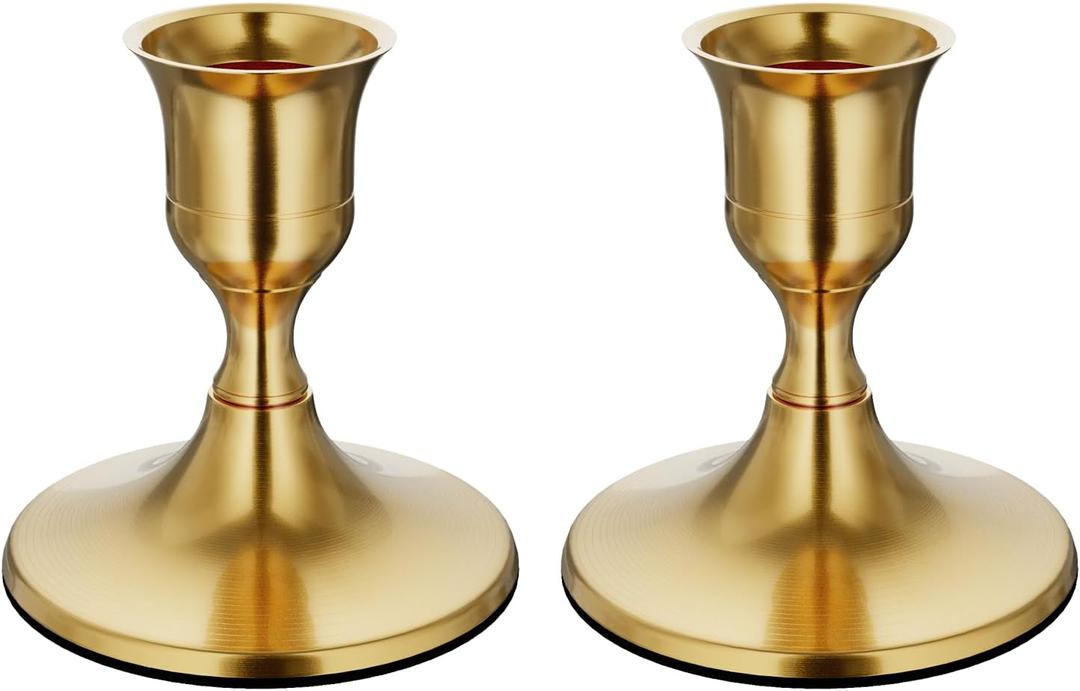 Brass Gold Taper Candle Holders Set of 2, Vintage Metal Candlestick Holders for Dinner Room Table Centerpiece or Mantel Wedding Party Decor