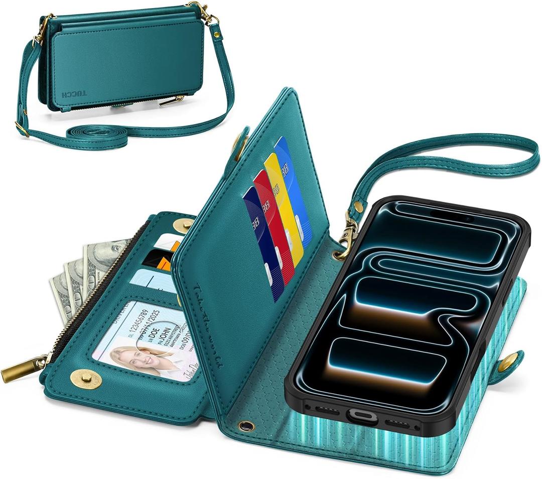 TUCCH Detachable Crossbody Wallet Case for iPhone 17 Pro Max (6.9"), 10 Card Slots RFID Blocking | Lanyard Wrist Strap | Wireless Charging | Zipper Pocket | PU Leather Stand Flip Cover | Bluish Green