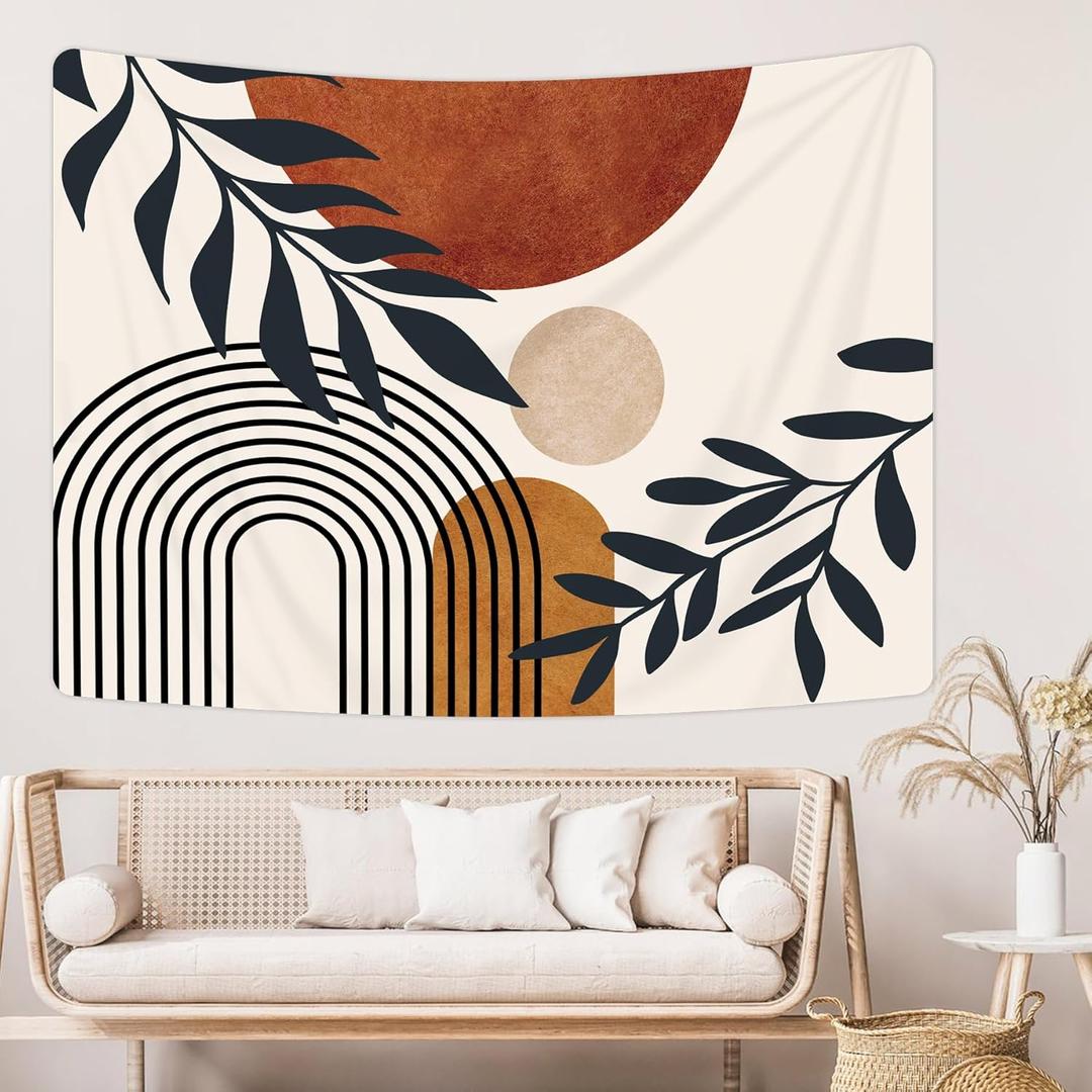 KOMLLEX Boho Abstract Mid Century Tapestry Minimalist Arch Sun Leaves Aesthetic Geometric Modern Plant Botanical Wall Hanging Neutral Brown Beige Home Decor Art for Living Room Bedroom Dorm 78Wx59H (78L" x 59W")