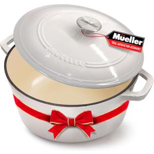 Mueller 6qt Enameled Cast Iron Dutch Oven, Heavy-Duty Casserole and Braiser Pan with Lid and Knob, Oven-Safe up to 500 F & Across All Cooktops, White (6 Quart -Round)