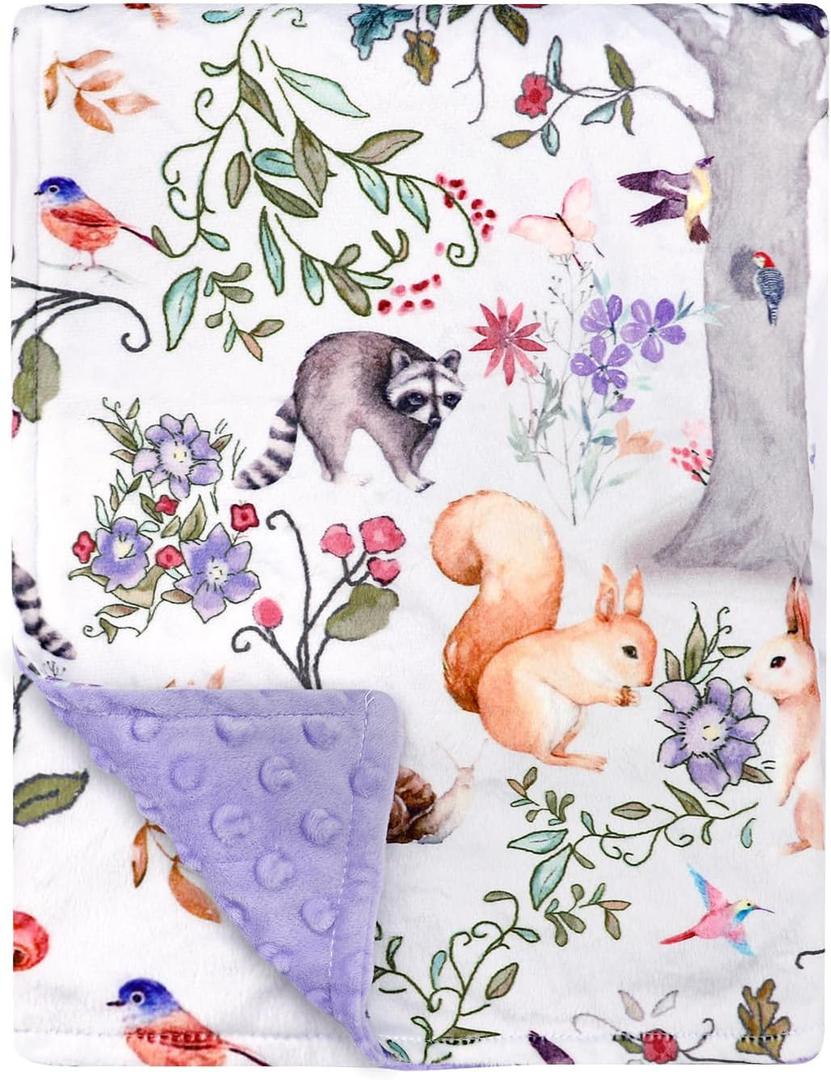 Baby Blanket, Purple Fleece Baby Blankets for Boys Girls, Warm Soft Portable Toddler Minky Blanket with Woodland Animal Print, for Newborn Crib, Stroller, 40 x 30 Inch