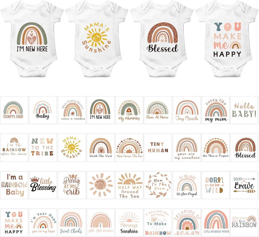 Teling 36 Pcs Iron on Decals Baby Shower Games Iron on Transfers Stickers Patches Baby Bodysuit Making Bibs Decorating Kit Patch Maker for Gender Reveal T Shirt(Rainbow)