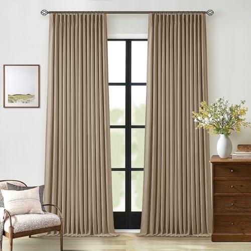 Tan Brown Pleated Linen Blackout Curtains 90 Inches Long for Bedroom Living Room Pinch Pleat Black Out Thermal Insulated Ring Hooks Back Tab Room Darkening Drapes Coffee Color Curtains with Liner