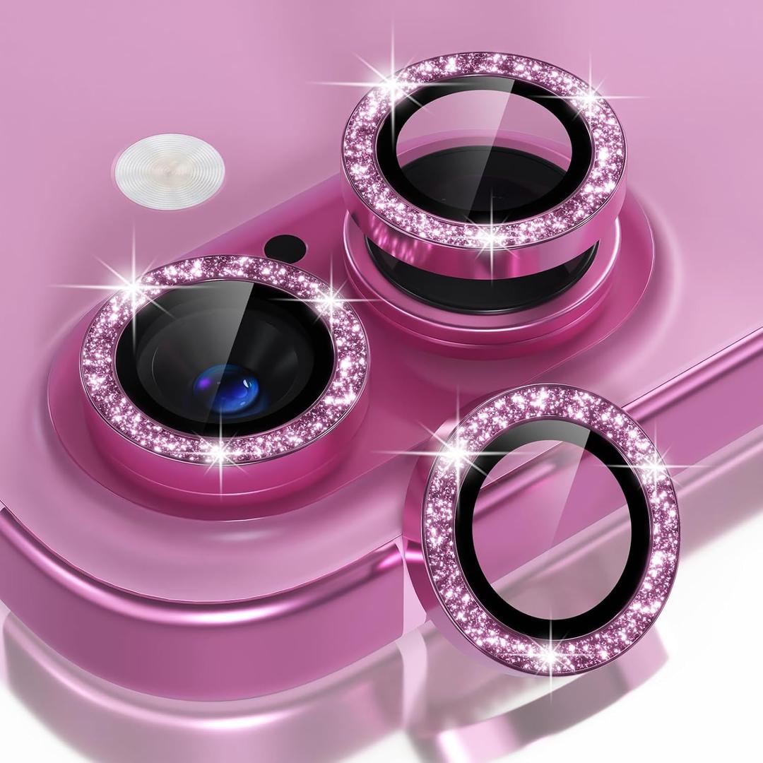 Choiche Compatible for iPhone 16 /iPhone 16 Plus Camera Lens Protector Bling, 9H Tempered Glass Camera Cover Screen Protector Metal Ring Decoration Accessories(Glitter-Pink)