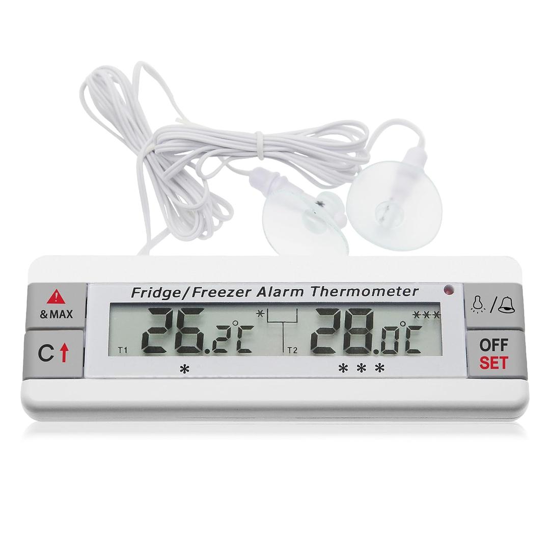 Digital Refrigerator Thermometer 2 Channel Freezer Thermometer with Alarm Sound Reminder Thermometer Fridge with Max/Min Temperature Record Freezer Alarm with Magnetic Back for Home Kitchen