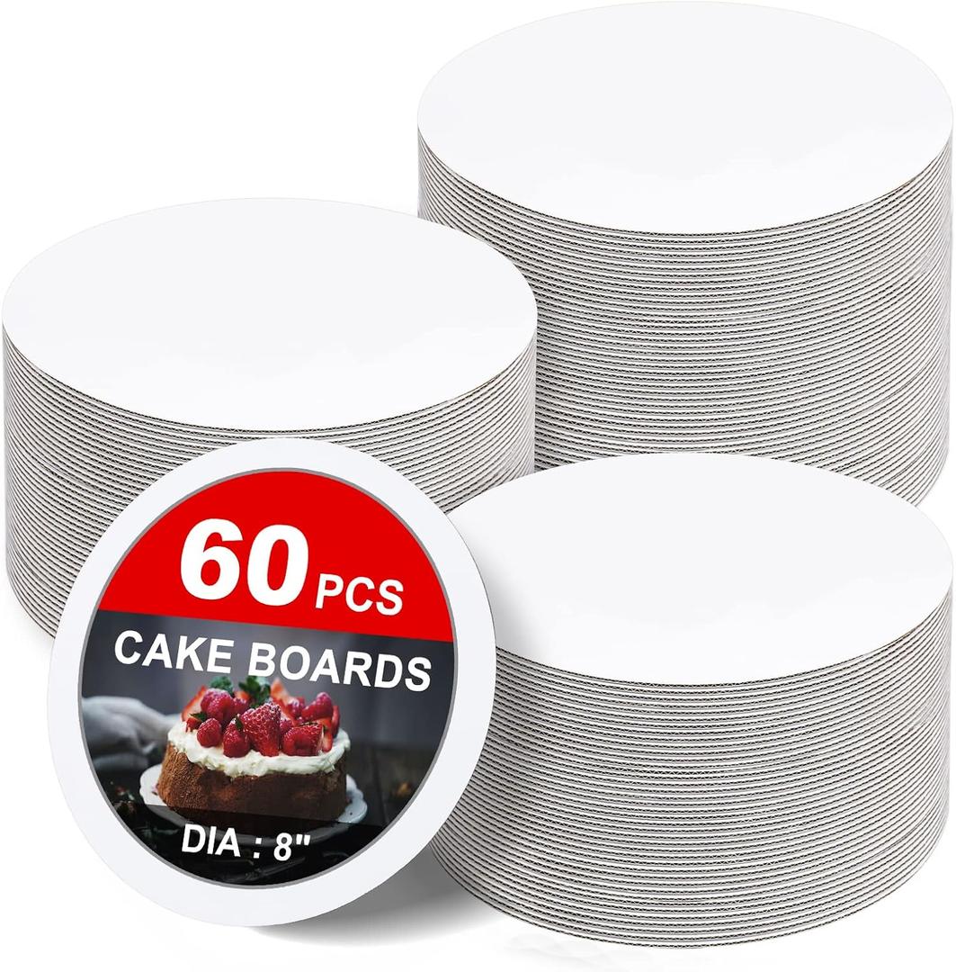 60 Pack Cake Boards 8 inch Cardboard Cake Rounds White Cake Board Rounds, Cake Circles Rounds Base Food-Grade Cardboard Cake Plate for Christmas, Cakes, Bread, Desserts (Thin and strong)