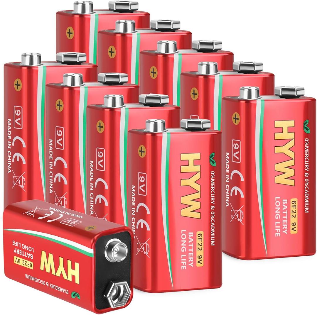 10 Pack 9 Volt Batteries, Long-Lasting 9V Battery for Smoke Detector, Guitar Pedals