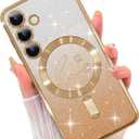 ZIYE Magnetic Case Designed for Samsung Galaxy S24 Glitter Case Luxury Plating Love Heart Compatible with MagSafe Clear Case with Camera Protector Protection Shockproof Cover for Women Girls-Gold
