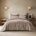 RECYCO Luxury Velvet Quilt King Size Bedding Set, Ultra Soft Velvet Comforter Set, Lightweight Quilted Channel Box Stitch Oversized Bedspread Coverlet for All Season, with 2 Shams, Natural Tan, King/Cal King