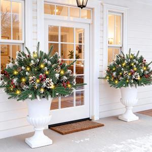 2 Pack Lighted Christmas Tree  Battery Operated Outdoor Christmas Tree Planter Filler with Snowy Pinecones & Red Berries, Christmas Urn Filler with Lights for Porch, Yard & Pathway