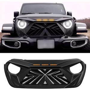 Seven Sparta Front Grill with 3 Amber LED Lights Compatible with 2018-2023 Jeep Wrangler JL JLU Gladiator JT, ABS Mesh Grille (Matte Black)