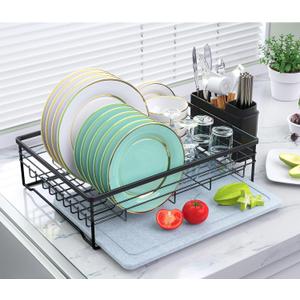 Dish Drying Rack with Stone Drying Mat, Quick-Drying/Stainless/Super Sturdy/Space-Saving, Dish Strainers for Kitchen Counter, Escurridor de Trastes para Cocina (Black)