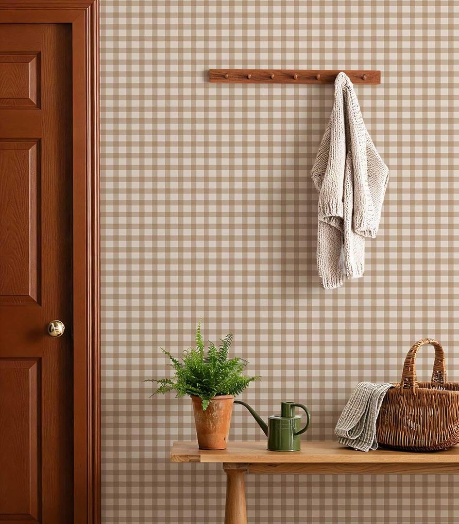 YXTII 17.3" 196.8" Striped Wallpaper Peel and Stick, Plaid Farmhouse Self Adhesive Contact Paper Removable Wall Paper for Bedroom Boho Waterproof Shelf Drawer Liner