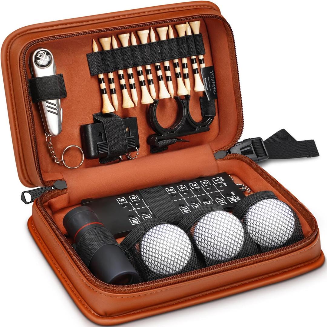 YOREPEK Golf Accessories Kit for Men, Golf Stuff Set with Leather Case, Golf Balls, Golf Tees, Multifunctional Divot Knife, Monocular, Scorer, Golf Gifts for Men Women Golfers (Brown)
