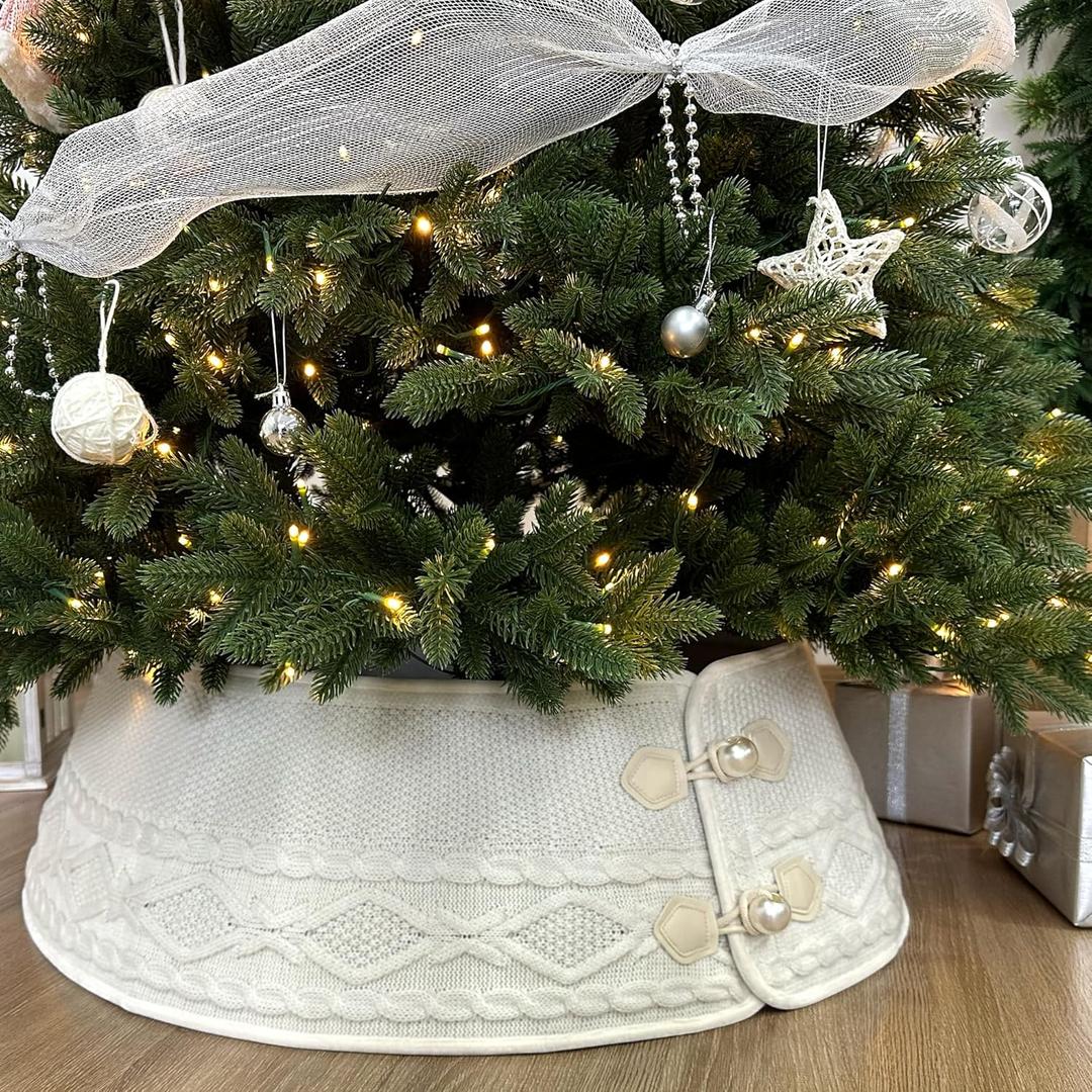 32-Inch Knit Christmas Tree Collar with Diamond Stitch, Faux Pearl Buttons, Foldable Tree Ring Cover for 7-9 ft Trees