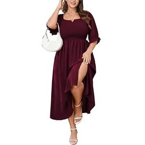 SCOMCHIC Womens Plus Size Maxi Dress Short Sleeve Square Neck Smocked Wedding Guest Flowy Split Dresses with Pockets Burgundy, Size: 2X-Large Plus