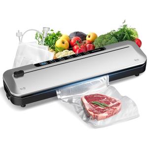 Vacuum Sealer Machine 75KPa Food with 6-in-1 Dry/Moist Modes & Digital Timer, Compact Lightweight Design, Built-in Cutter + 10 Bags (Black Silver)