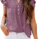 Orchidays Women's V Neck Lace Crochet Shirts Short Sleeve Button Down Casual Solid Blouse Tops (L)