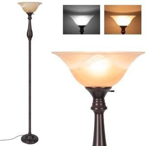 lianheng Floor Lamp with Alabaster Glass Bowl Shade, 72 Inch Tall Torchiere, Dark Brown, Brushed Nickel
