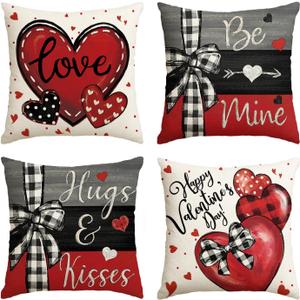 AVOIN colorlife Happy Valentine's Day Black and Red Heart Throw Pillow Covers, 20 x 20 Inch Hugs Kisses Be Mine Bowknot Stripes Love Anniversary Wedding Cushion Case Decoration for Sofa Set of 4