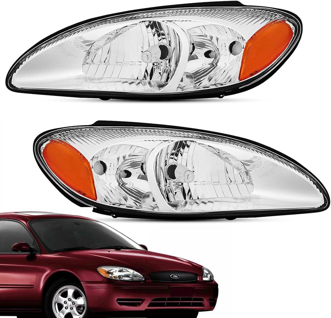 For 2000 2001 2002 2003 2004 2005 2006 2007 Ford Taurus Headlight Assembly Replacement for 00-07 Taurus Head Lights Driver and Passenger Side, Chrome Housing Amber Reflector