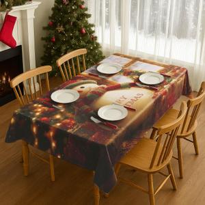 Christmas Tablecloth 83 x 60 Inch Festive Snowman with Merry Christmas Message Rectangle Table Cover Holiday Dining Room Cloth Winter Xmas Party Table Decor