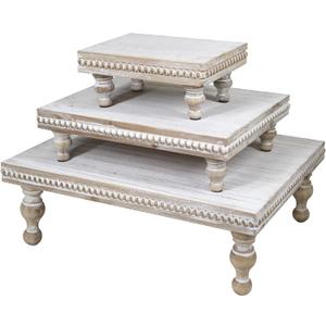 MAONAME Wood Display Risers Decorative Tray Set of 3, Farmhouse Pedestal Stand for Display Home Decor, Vintage White Beaded Wooden Tray for Kitchen Counter, Short and Tall Footed
