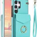 Asuwish Phone Case for Samsung Galaxy S24 Ultra 5G Wallet Cover with Tempered Glass Screen Protector and RFID Blocking Ring Credit Card Holder Cell Accessories S24Ultra 24S S 24 24Ultra Women Men Teal