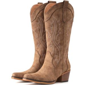 IUV Cowboy Boots For Women Western Cowgirl Boots with Chunky Heel Mid Calf Snip Toe Ideal for low insteps (7 Wide, Brown)