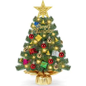 [ Timer & 8 Modes] 24 Inch Realistic Tabletop Christmas Tree with 50 Warm White Lights Star Treetop and Ornaments Small Small Artificial Christmas Tree for Indoor Home Table Christmas Decorations