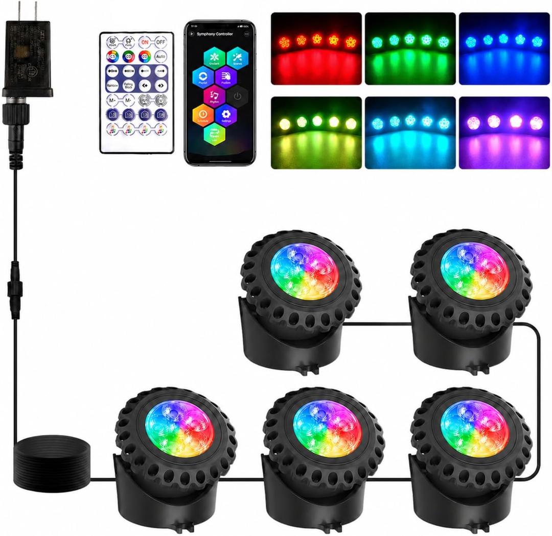 T-SUN Colored Pond Lights with APP and Remote Control – Bright LED Underwater Light Submersible Fountain Lights, IP68 Waterproof Landscape Lighting for Garden Koi Ponds Aquarium (Set of 5)