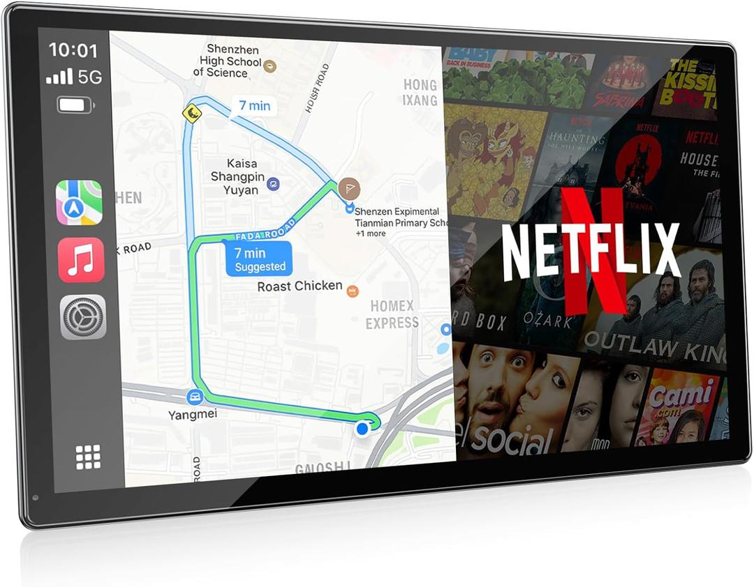 Volam 9'' Carplay Screen with Netflix YouTube and 1080P Backup Camera Upgraded Wireless Android Auto Screen Portable AI Magic Video Box Built-in Apps Voice Control Car GPS for iOS 10+ Android 11+