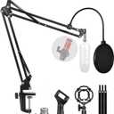 Microphone Stand for Blue Yeti, Quadcast Boom Arm Scissor Mic Stand with Windscreen and Double layered screen Pop Filter Heavy Duty Mic Boom Scissor Arm Stands, Broadcasting and Recording.Game