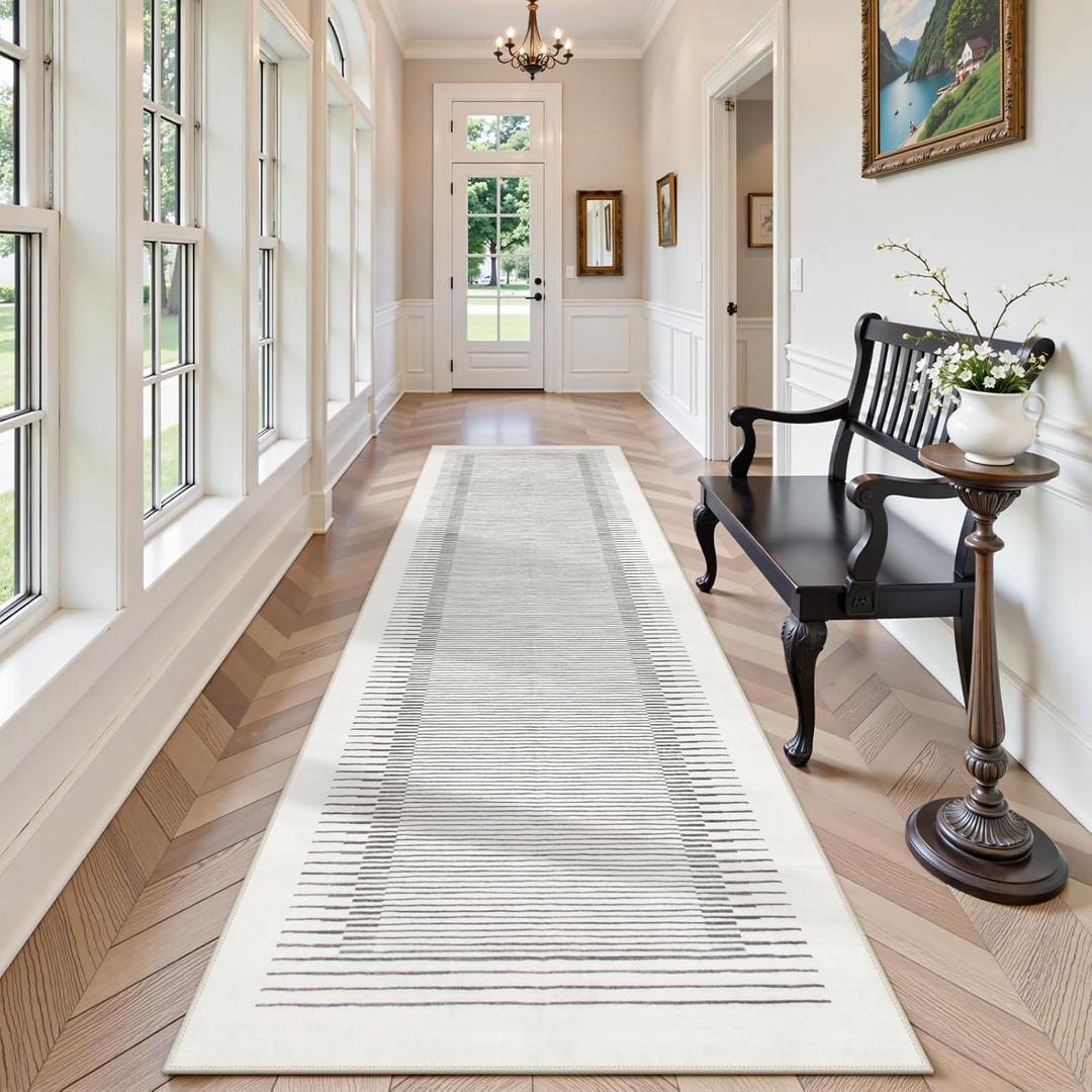 Morebes Modern White 2.5x8 Hallway Runner Rug, Berber Striped Kitchen Rugs Non Slip Washable Runner Rug, Soft Low Pile Indoor Floor Carpet for Bathroom Bedroom Laundry