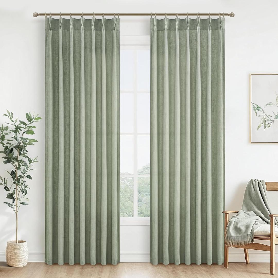 Sage Green Pinch Pleated Sheer Curtains 84 Inches Long for Living Room 2 Panels Set, Rustic Country Thick Linen Blend Light Filtering Window Drapes 40"W x 84"L with Back Tab Bedroom Viral Curtain 7 FT