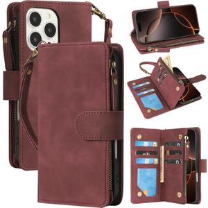 RANYOK Compatible with iPhone 16 Pro Max Wallet Case - PU Leather Wallet Case for iPhone 16 Pro Max with Credit Card Holder RFID Blocking Zipper Pocket [Wrist Strap] Protective Case (Wine Red)