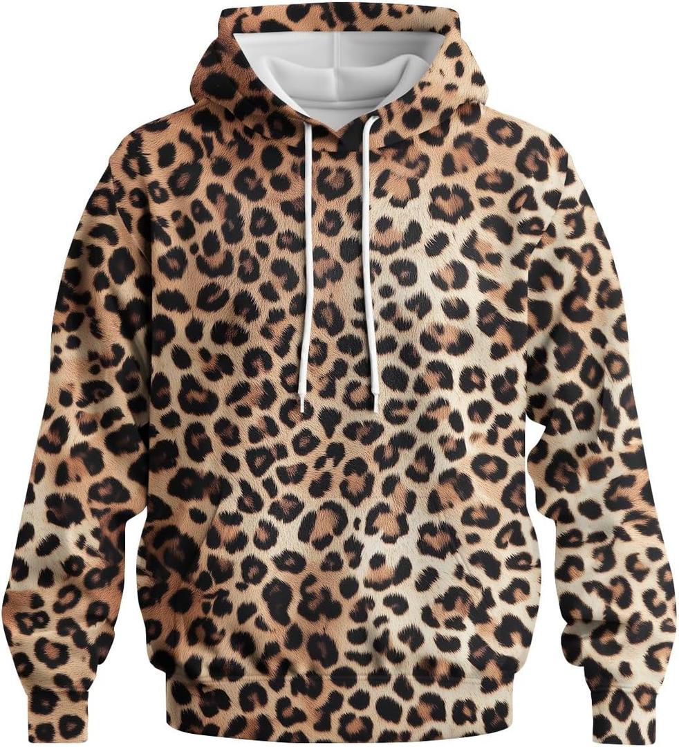 Leopard Print Hoodie for Men Cheetah Printed Hooded Streetwear Hip Hop Pullover Y2K Sweatshirt (L)