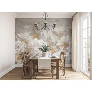 ASJ Peony Peel and Stick Wallpaper Mural, Vintage White Floral Beige