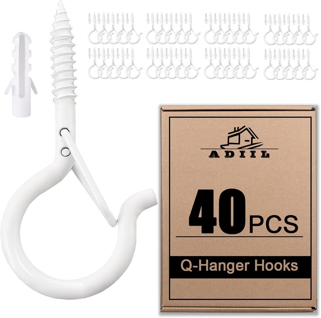 ADIIL 40 PCS Q Hanger Hooks with Safety Buckle, Windproof Screw Hooks for Hanging Outdoor String Lights, Plants, Christmas Patio Lights, 2.2 Inches, White