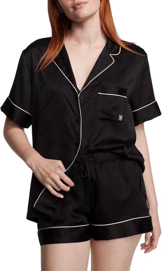 Victoria's Secret Satin Pajama Set, Short Sleeve Button Down Shirt & Shorts, Sleepwear for Women (Medium, Black)