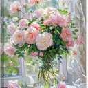 ARTZGX Flower in Vase Canvas Wall Art Pink Rose Pictures Rustic Floral Painting Romantic Poster Print for Bathroom Decor Frame(Green 16.00" x 24.00")