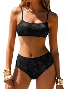 ANRABESS Womens High Waisted Bikini Sets 2 Piece Swimsuits Cute Lace Square Neck Modest Bathing Suit 2026 Black XX-Large