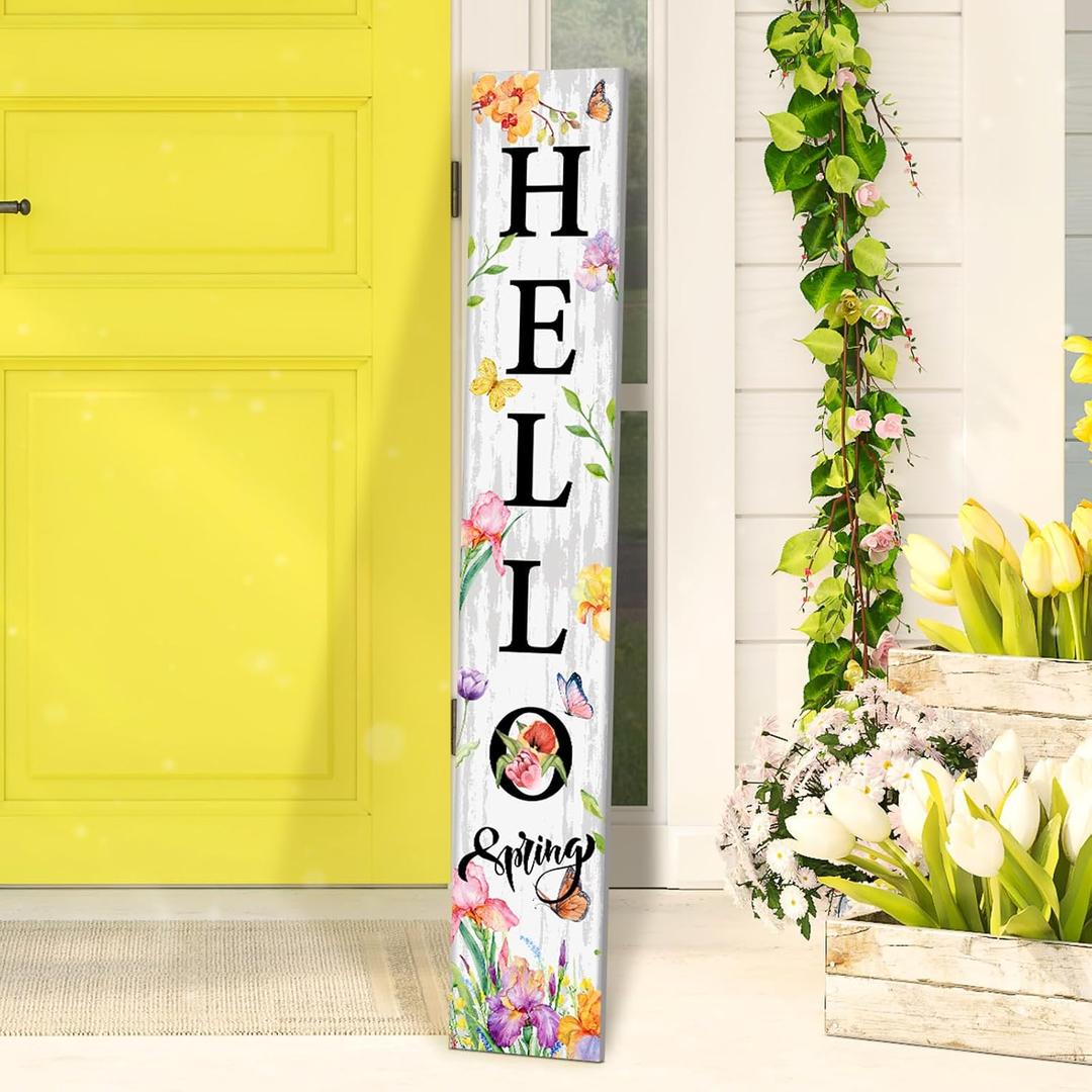 Beeveer Hello Spring Porch Sign 47 x 8 Inches Colorful Welcome Spring Sign Porch Leaner Hanging Door Decorations Wooden Rustic Wall Decor for Home Farmhouse Front Door Decor