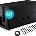 Extra Large Cable Management Box, Wood Cord Hider Box & Organizer for Power Strip, TV Wires & Desk Cable Storage Blackened Acacia