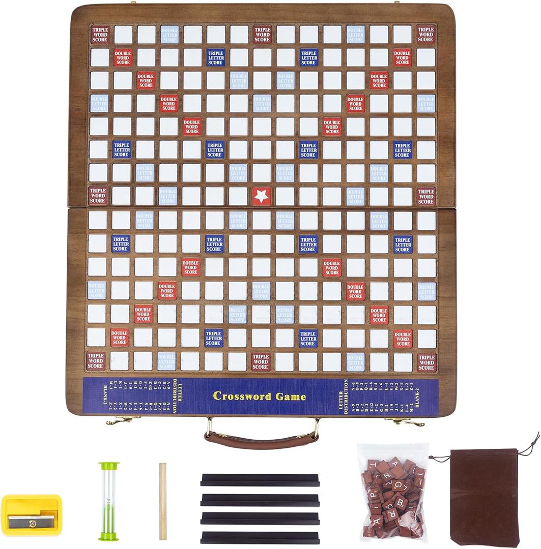 Wooden Folding Crossword Board Game  Word Game Set with 100 Letter Tiles, Sand Timer, Pencil, Racks & Bag  Portable Wooden Game for Adults & Family
