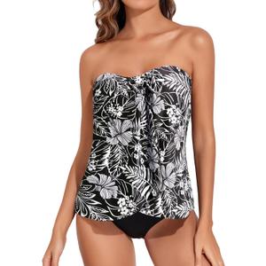 Tempt Me Two Piece Tankini Bathing Suits for Women Halter Bandeau Swim Top with Bottom Flyaway Tummy Control Swimsuit (XX-Large, Black White Floral)